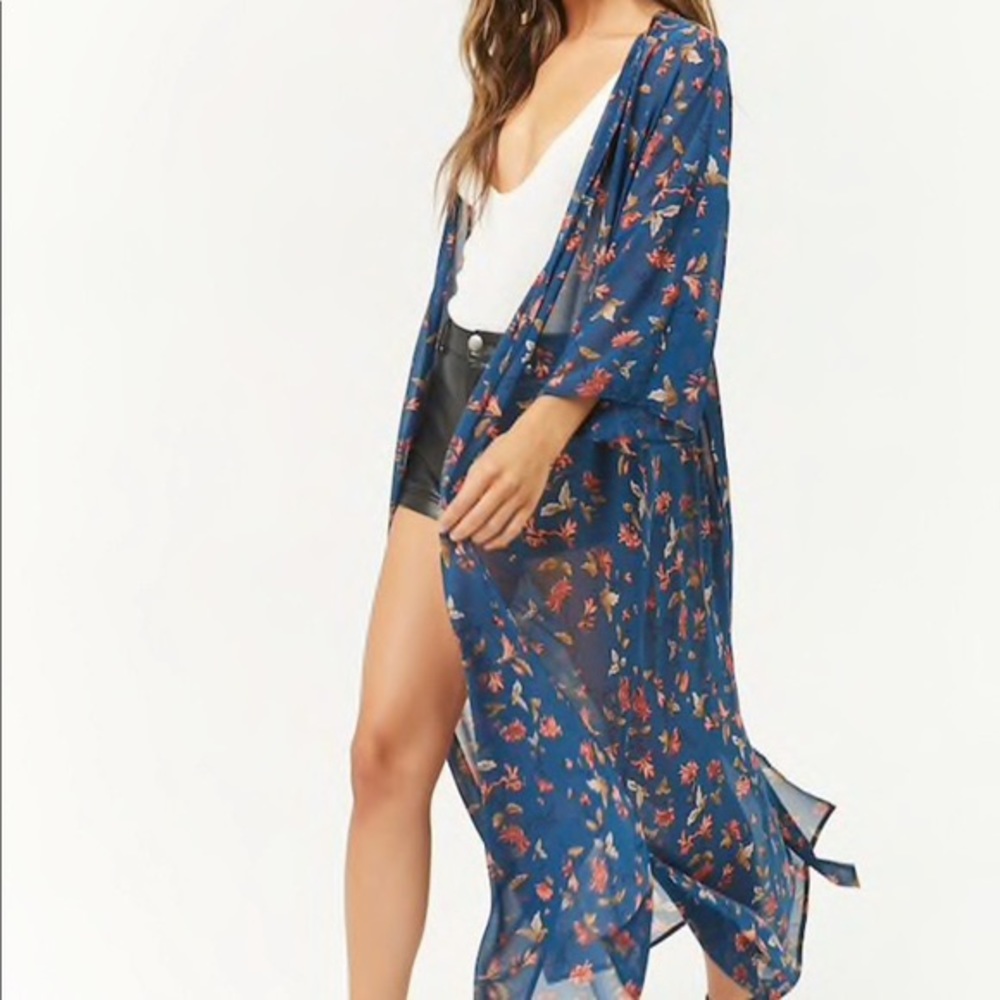 Sheer Floral Long Cardigan | Blue | Forever 21
